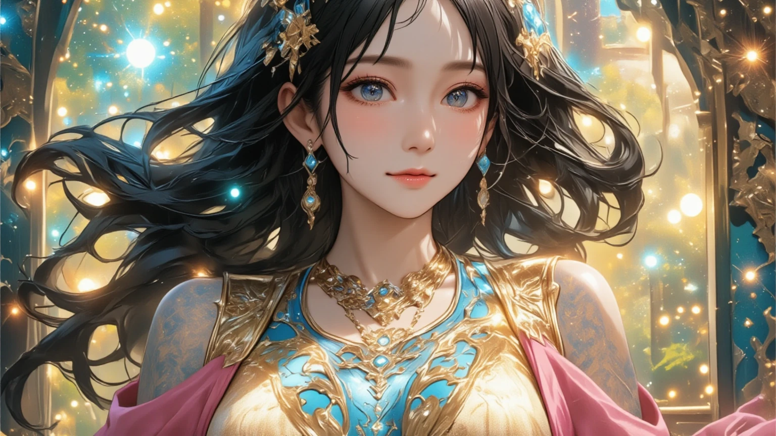 masterpiece, 4K, (Beautiful dark-haired Asian woman: 1.2), Portraiture, High quality art, High resolution, High resolution, in the center, Symmetric, Excellent anatomy, Swollen lips, smile, surprised, blush, lipstick, Beautiful Eyes, Smooth skin, beautiful woman, jewelry, Moroccan Caftan, blue fabric with gold embroidery, (Focus on the upper body: 1.2), style, woman, Looking at the audience, smile, Symmetric, in the center, close, woman, Athletic ability, fit, Tight waist, Realistic body proportions, Realistic, photo-Realistic, 8k, Very detailed, LED Light, Laser light, fruit flavored, bright, Anatomically correct, Symmetric anatomy, Ulzzang-6500