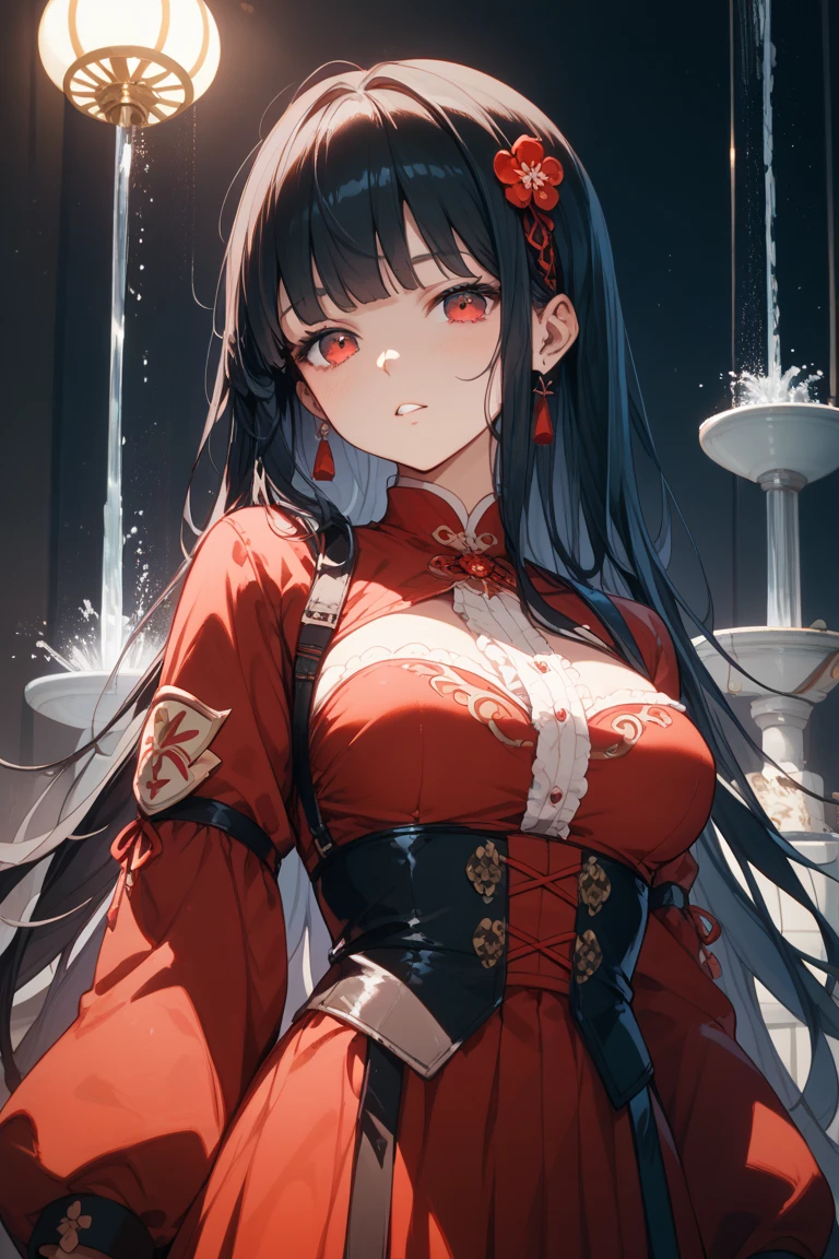 1 Girl,  black hair, long hair， High ponytail，The top is translucent，red，Wearing business suit，OL， black stockings，long legs,banquet,Big breasts(d), high resolution, masterpiece, precise, 高quality, quality, Retina screen, Textured Skin, Very detailed, Ultra HD, 