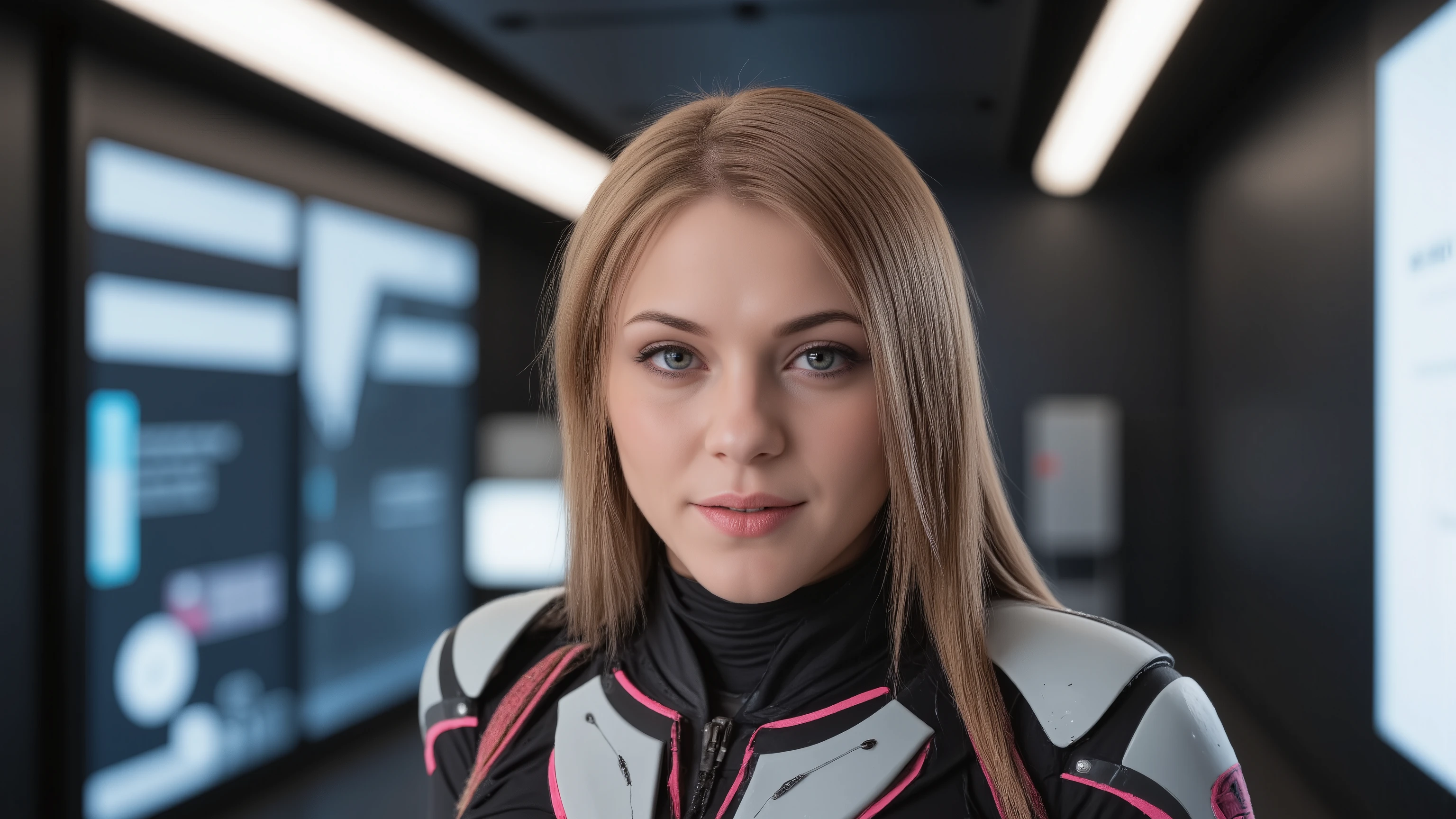 A stunning full-body portrait of a young woman, blending human and cybernetic features. She stands tall, her porcelain-like face glowing with soft studio light, accentuated by a rim light on the hairline. Robotic parts seamlessly integrated into her body, with wires and microchips visible beneath her skin. Her facial muscles subtly contorted in a serene expression, as if processing information. Cable electric wires tracing along her arms, merging with the intricate details of her hands. Hyperrealistic rendering captures every pore, eyelash, and lip detail, making it seem almost lifelike. Perfectly framed within a H. R. Giger-inspired cyberpunk setting, this masterpiece exemplifies photorealism in its purest form, worthy of UHD, HDR, and 16K resolution.