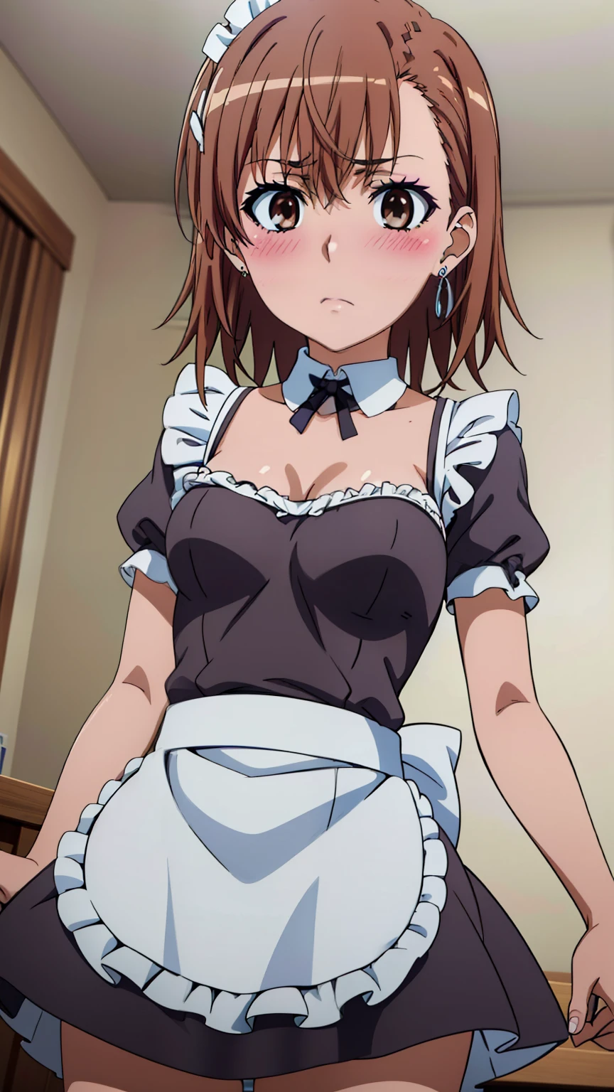 (masterpiece, best quality, high resolution, 8k:1.2), (anime coloring:1.3), highly detailed, beautiful eyes, perfect eyes, fine eyes, brown eyes, featuring big highlights, detailed face, highly detailed, fine eyes, symmetrical eyes, one girl, alone, Misaka Mikoto, brown hair, short hair, hairpin, (small breast:1.1), slim body, (maid dress, earrings, makeup, a little blush), at the viewer, in the center of the image, (cowboy shot), dutch angle,