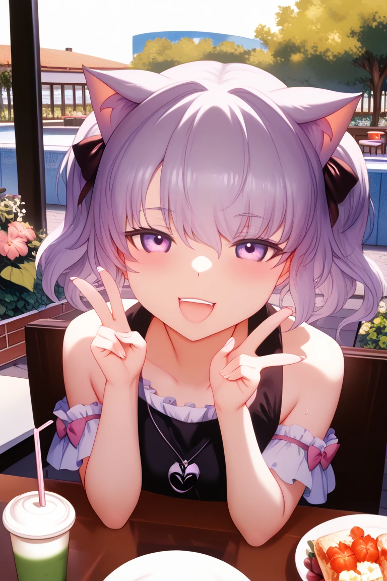 ((Masterpiece)), ((best quality)), ((kawaii)), ((extremely detailed)), 4K, (8K), (super detail:1.2), (High Definition:1.3), (Professional Photography:1.2), cinematic lighting, (very aesthetic:1.2), (absurdres:1.2), (sharp focus), (perfect light), ((1girl)),((12 years old)), (1girl), cute young girl, (naughty smile), ((sticking out tongue)), (Beautiful deep purple eyes:1.2), (put on cat ears), girl, (Embroidered cute camisole), small breast, Healthy skin, (Healthy slim body), shortpants, pudgy cheeks, BREAK, ((best quality)), (very aesthetic:1.2), (absurdres:1.2), ((extremely detailed)), (loose blunt bangs), ((loose braids)), medium hair, ((beautiful pale brown hair)), 🌈, ((Eating vanilla ice cream)), loose sitting on chair, ice cream on the café terrace, (the Midsummer Cafe Terrace), Large Cumulonimbus Clouds, pastel colors clouds, kawaii, cute colors,