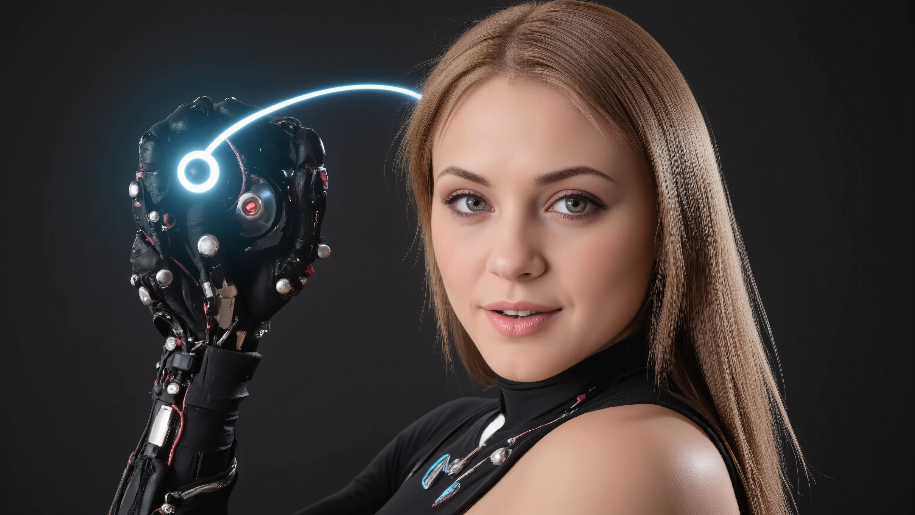 A stunning full-body portrait of a young woman, blending human and cybernetic features. She stands tall, her porcelain-like face glowing with soft studio light, accentuated by a rim light on the hairline. Robotic parts seamlessly integrated into her body, with wires and microchips visible beneath her skin. Her facial muscles subtly contorted in a serene expression, as if processing information. Cable electric wires tracing along her arms, merging with the intricate details of her hands. Hyperrealistic rendering captures every pore, eyelash, and lip detail, making it seem almost lifelike. Perfectly framed within a H. R. Giger-inspired cyberpunk setting, this masterpiece exemplifies photorealism in its purest form, worthy of UHD, HDR, and 16K resolution.