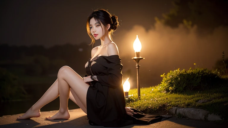 there is a woman sitting on a bench under an umbrella, sitting on the beach at night, sexy body with large breasts, wearing a long black color gown, sexy pose with sexy look, ultra detailed face, black color hair, photorealistic, ultra detailed good hands, ultra detailed good lags, ultra detailed beautiful neck