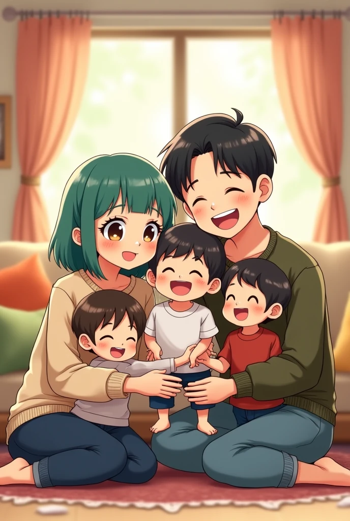 A family of four- mother, father, elder daughter, younger son in anime style with a pet tortoise playing
