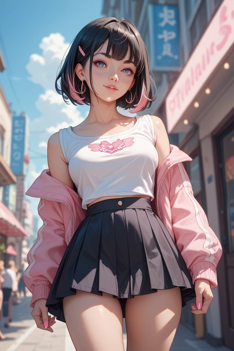 (masterpiece, best quality), 1girl, wearing 90s fashion: white tight-fitting crop polo shirt, pastel plaid pleated mini skirt, platform sneakers, <lora:Sugimoto_LoRA:1> ReimiSugimotoJoJo