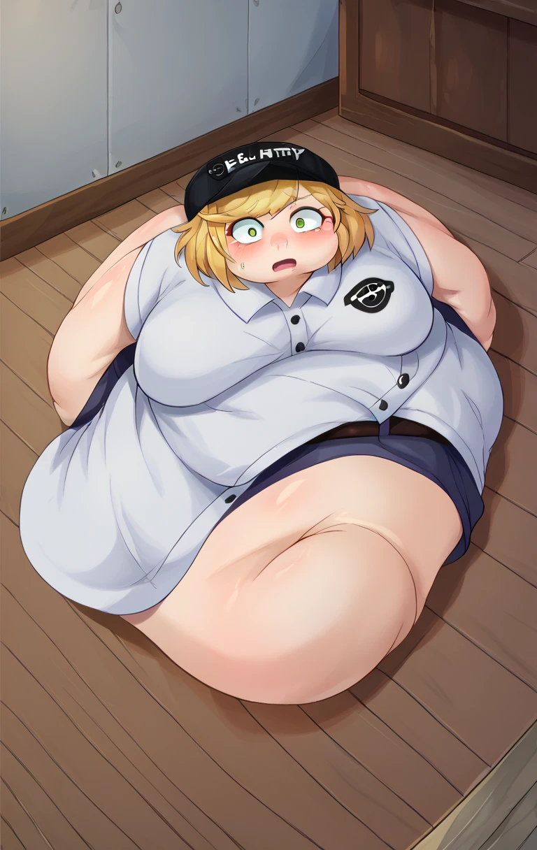 (Morbidly obese:1.2)Lustful, horny, hard blushing, parted lips, burping, looking at viewer, , 1girl, solo, mercy (overwatch),breasts, blue eyes, blonde hair, (gray sweatpants), white t shirt), lazy, slouching on couch, modern living room