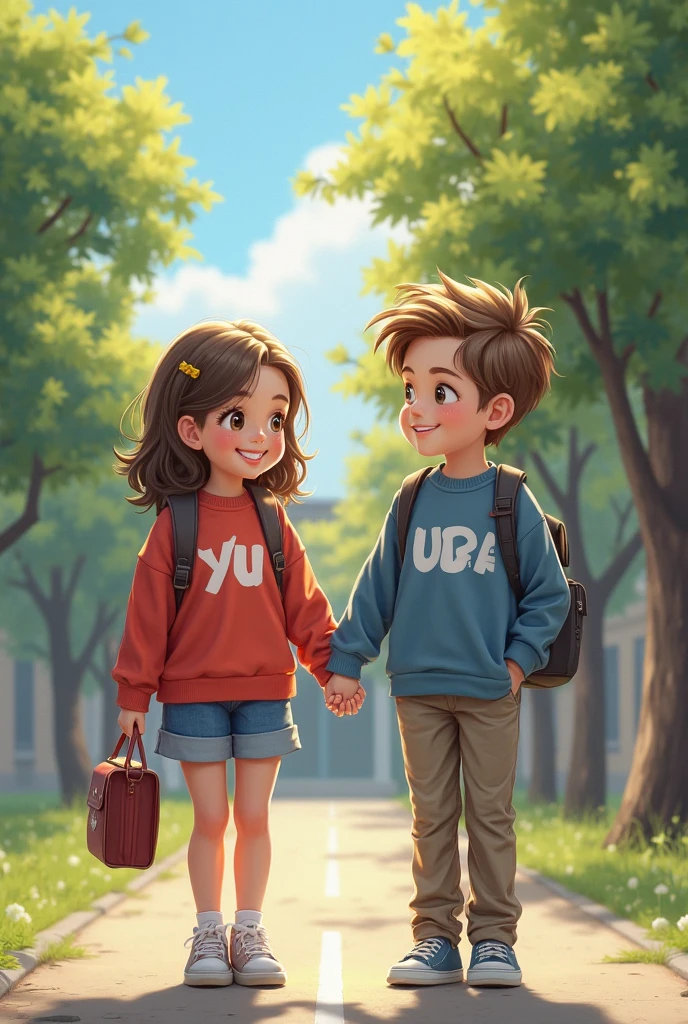 The pose shows two characters standing facing each other. The male character on the left, a blond, blue-eyed 13-year-old boy, is giving a thumbs-up gesture with his right hand, smiling confidently. The female character, a on the right, has her left arm wrapped around the male character's arm while her right hand rests on her chin, with a thoughtful expression. Both characters are rendered in 3D using Blender, and are designed in a Pixar style. The male character is wearing a dark blue sweatshirt, blue jeans, and black shoes, and the female character is dressed in a blue sweatshirt, a plaid skirt, white tights, and black shoes. The background is a district school in Bogota, and the rendering is high definition, highly detailed, and high quality.