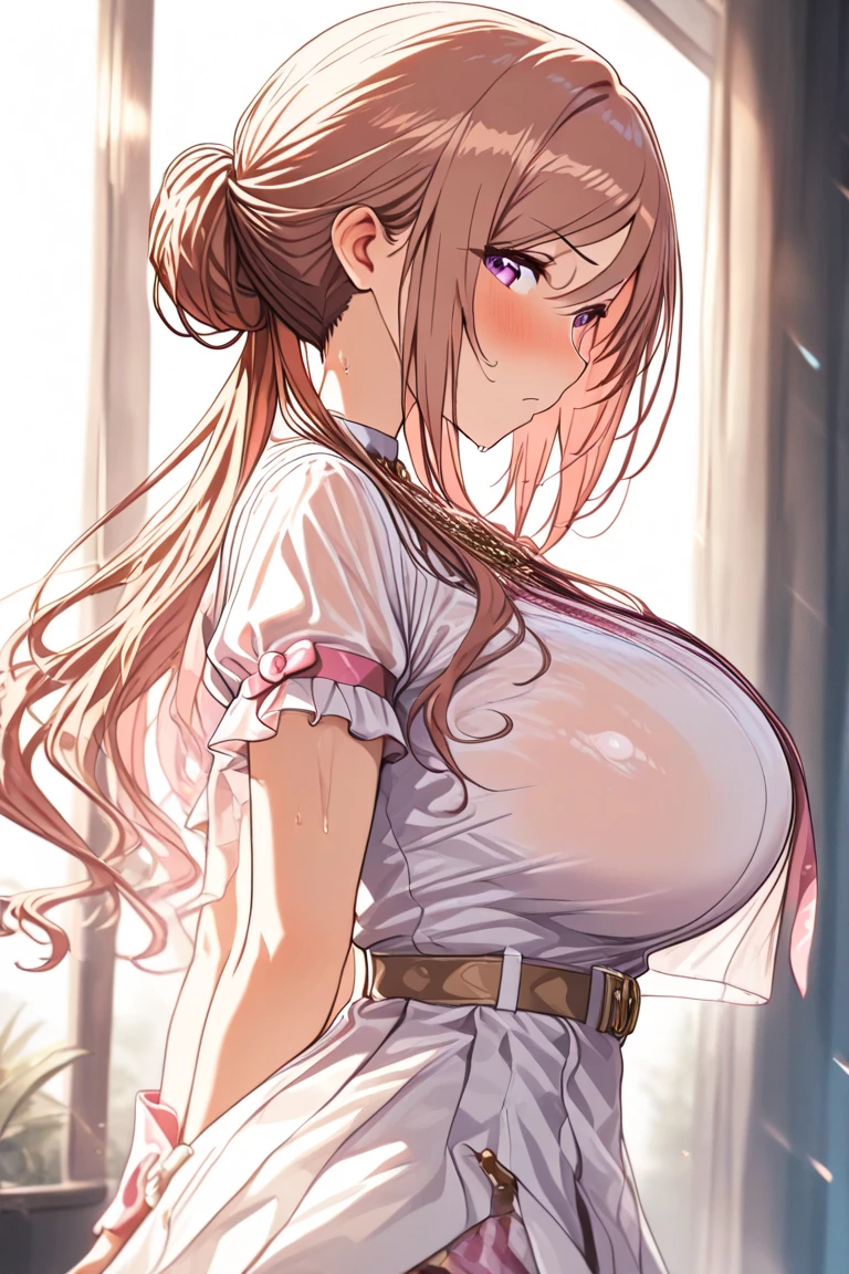 best quality, masterpiece, highres, solo, {yamato_kantaicollection:1.15}, long_hair, brown_hair, ponytail, hair_ornament, flower, hair_flower, brown_eyes, smile, breasts, cherry_blossoms, large_breasts, very_long_hair, blush, hair_between_eyes, 1girl, ((white dress)), leaky shoulders, bandeau, cleavage, big , 