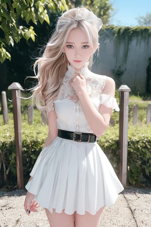 Girl with pocket watch、White lace dress、blond、Blue eyes、Authentic、envelope、charact、florals、Realistic skin details、Full-time、The space of numbers、Nostalgic photos、Real Human、