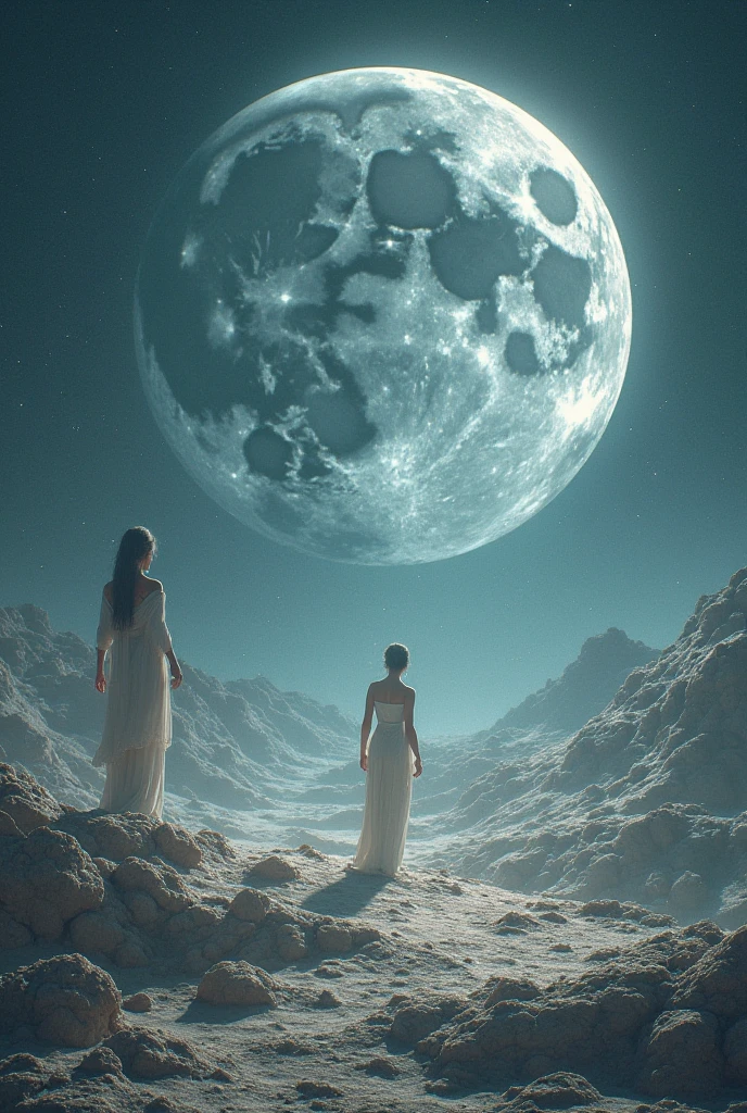 Une femme portant une robe avec sa fille, son dos nu, Watch the descent of witnesses in front of the sea and the moon The descent of many meteors and comets telescope next to them Add a tattoo to the back of the mother and more meteors, meteorites and comets
