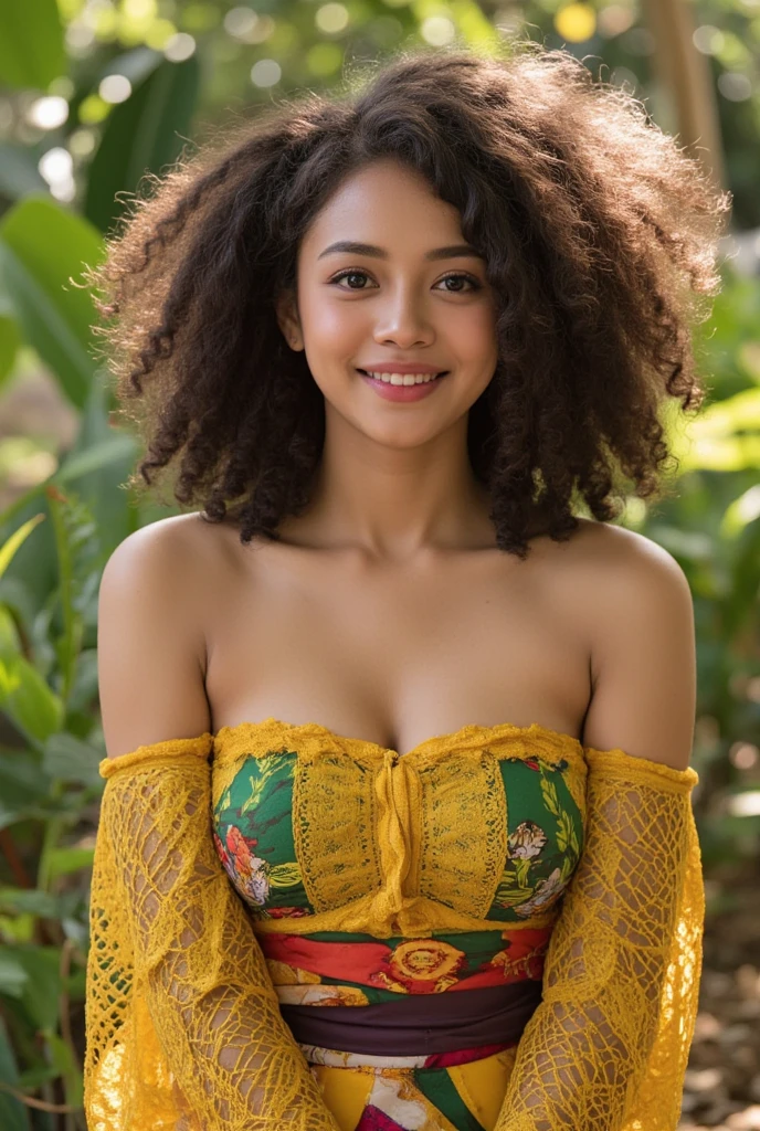 mixed Asian-african beautiful woman sits on floor in univ hall. Arms behind her back. She is 20. She got a perfect face, freckles, beautiful eyes and big smile. Curly and Soaked long hair. She is wearing a summer dress, cleavage. She is thin, her legs are long, and her big chest stretches the fabric. Tomboy vibe.