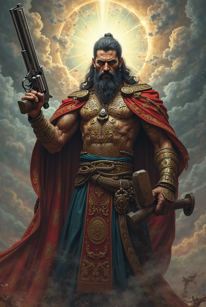  mustachioed viking with crucifix around his neck, shotgun in hand, and an orthodox icon of jesus and above him, Jesus in place of the sun very grand, Jesus with the wounds 