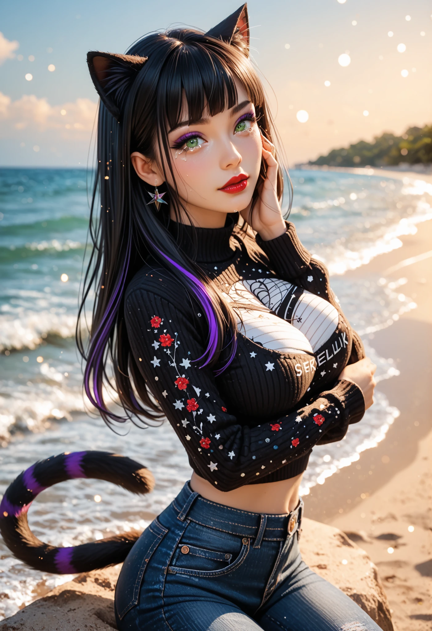 ultra detailed beautiful French woman sit on beach, looking at the sky, supernova in sky, tears on cheeks BREAK wearing casual sweater and denim jeans,BREAK (cat ears and tail),stunningly beautiful, stylish dark hair with purple streaks, green eyes, (red lips and make-up giving her a gothic look ), dark eyeshadow visible on her eyelids and eyeliner on her eyes, very long eyelashes, perfect body covered with tattoos , (dark make-up:1.3), big breast, ((cowboy-shot view)), seductive pose, light particles, ultra detailed illustration, high definition, very bold and vivid colors, best quality, volumetric lighting,"best quality," masterpiece",ultra realistic, high-quality details