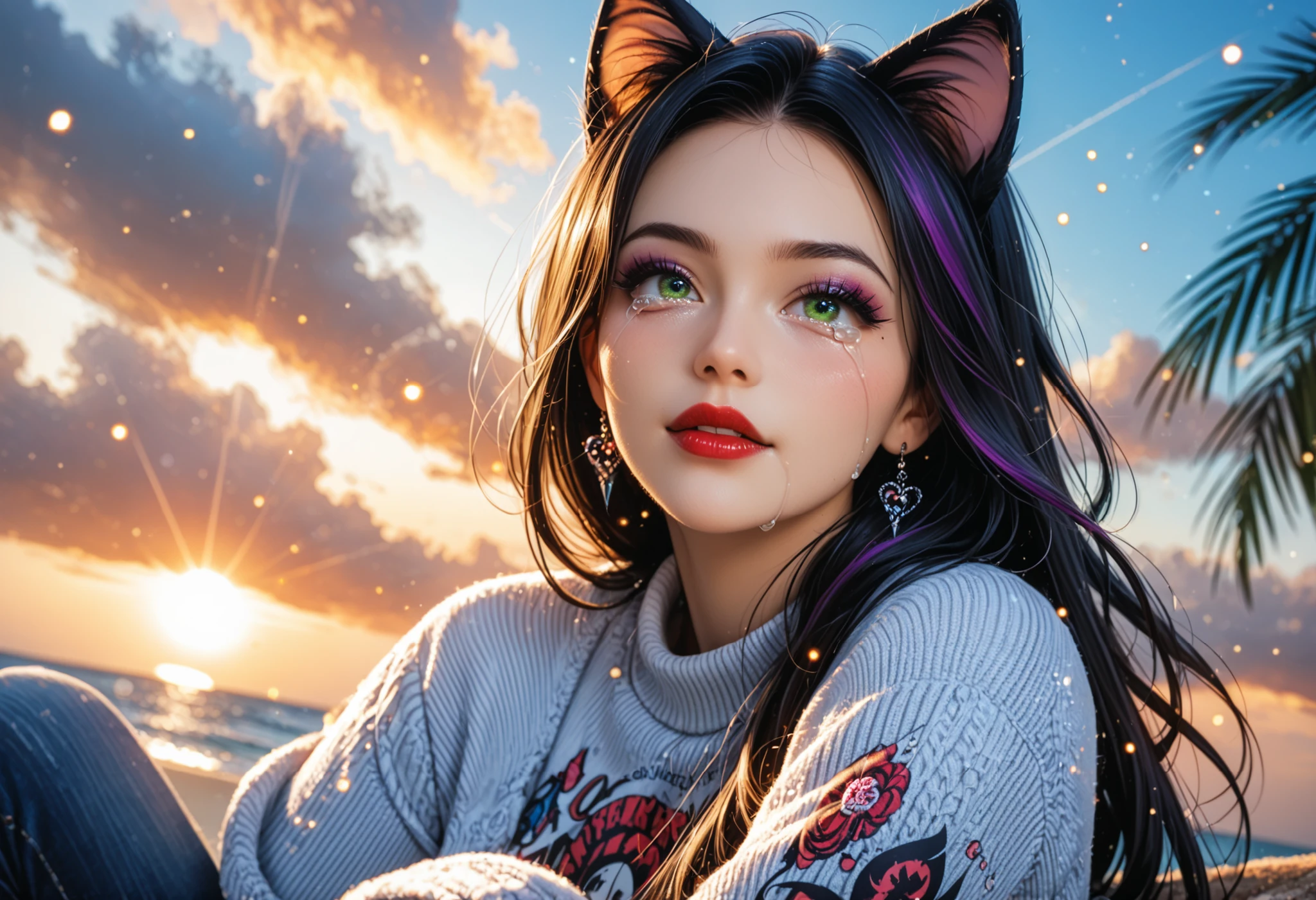 ultra detailed beautiful French woman sitting on beach, ((looking at the sky)), don't look at the viewer, supernova in sky, (tears on cheeks) BREAK wearing casual sweater and denim jeans,BREAK (cat ears and tail),stunningly beautiful, stylish dark hair with purple streaks, green eyes, (red lips and make-up giving her a gothic look ), dark eyeshadow visible on her eyelids and eyeliner on her eyes, very long eyelashes, perfect body covered with tattoos , (dark make-up:1.3), big breast, ((cowboy-shot view)), seductive pose, light particles, ultra detailed illustration, high definition, very bold and vivid colors, best quality, volumetric lighting,"best quality," masterpiece",ultra realistic, high-quality details