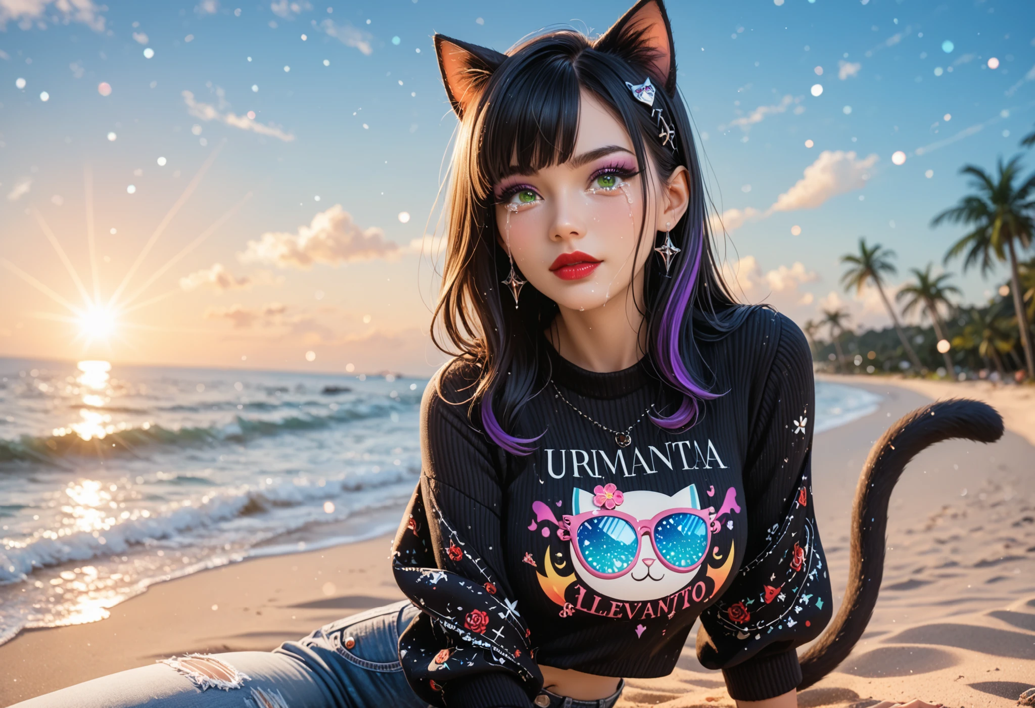 ultra detailed beautiful French woman sitting on beach, ((looking at the sky)), don't look at the viewer, supernova in sky, (tears on cheeks) BREAK wearing casual sweater and denim jeans,BREAK (cat ears and tail),stunningly beautiful, stylish dark hair with purple streaks, green eyes, (red lips and make-up giving her a gothic look ), dark eyeshadow visible on her eyelids and eyeliner on her eyes, very long eyelashes, perfect body covered with tattoos , (dark make-up:1.3), big breast, ((cowboy-shot view)), seductive pose, light particles, ultra detailed illustration, high definition, very bold and vivid colors, best quality, volumetric lighting,"best quality," masterpiece",ultra realistic, high-quality details