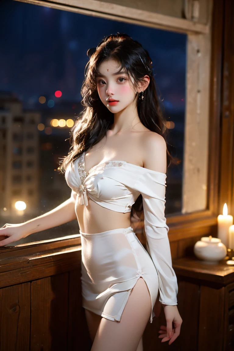 masterpiece, best quality, (alone focus), (perfect face:1.1), (high detail:1.1),dramatic, 1 person, (pale skin), long brown hair, white snow, alone, long hair, moon, night, White Silver Luxury Silk Dress, vampire, covered navel, swollen lips, covered, Victorian City, detailed background, Gothic Renaissance, cinematic lighting, cleavage cross necklace, colorful headbands