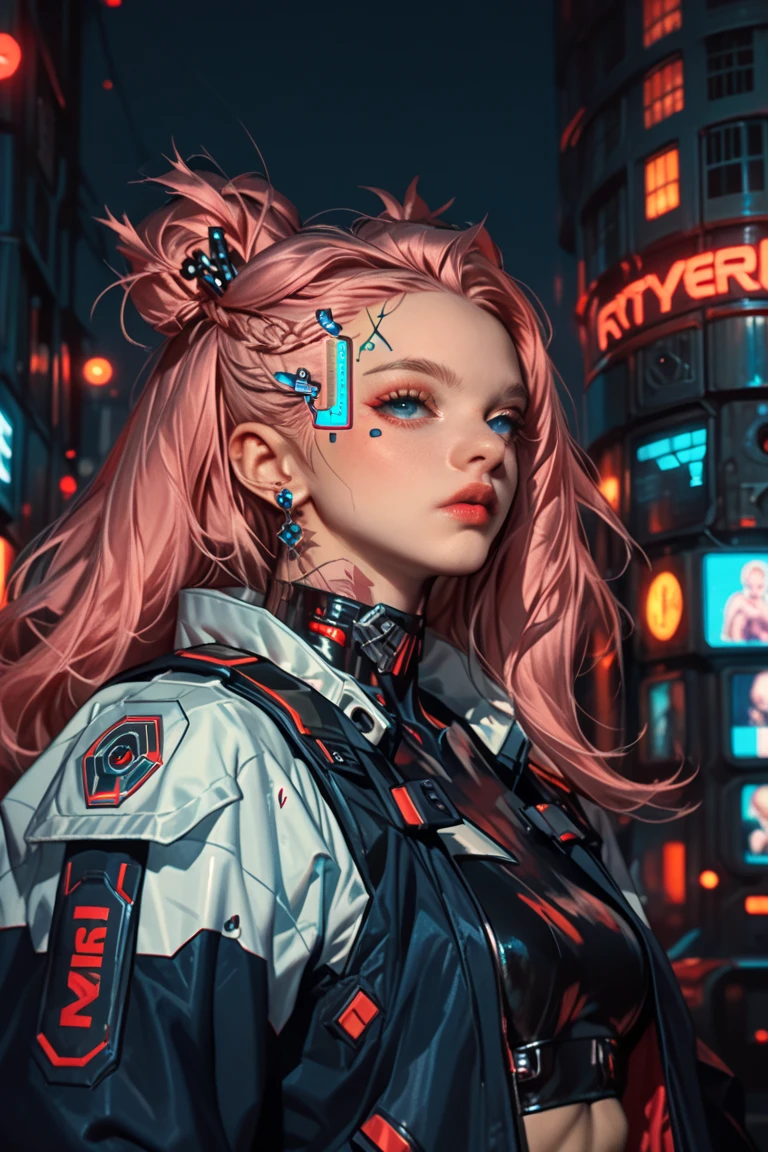 Beautiful woman, pink highlights in hair, hair parted in the middle, white leather clothes, long breasts, cyberpunk style, realistic detailed, close up, portrait, perfect skin, indoors