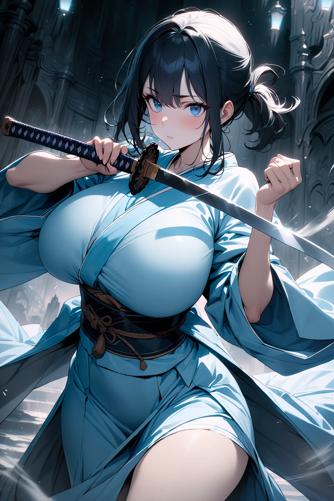 {Highest quality}{One woman, 25 years old}{Swordsman}{Black Hair、Long Hair}{Cross bangs}{Big Breasts}{Grey Eyes、Hanging eyes、Details}{Blue kimono}{stand}{Holding a sword}Hanging eyes, Half-closed eyes, whole body{Swinging the Sword}