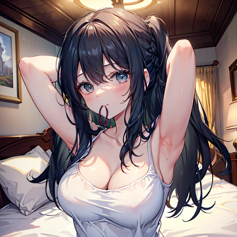 off shoulder jacket, soft color, solo focus, parted lips, fat white top, car mechanic, looking at camera, emerald eyes, big breasts, perfect hair, shallow depth of field, (((laying on the floor of a workshop))), realistic, expensive shop, side view , from above
