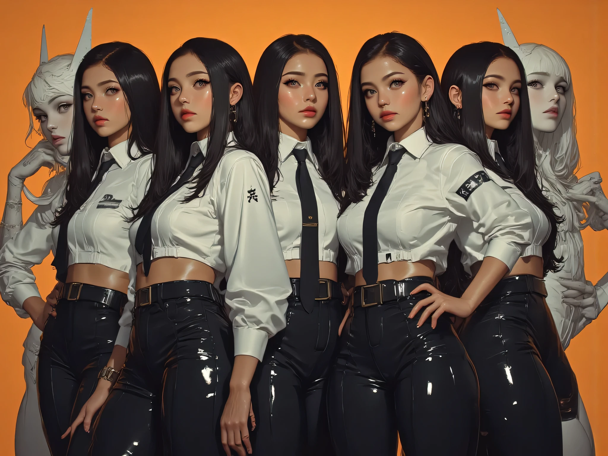 group of executive women, in line, dress pants, hugged one after the other , straight black hair , smiling maliciously, piscina, tall, dark poll, obscure place, wide hips, skinny, groped, groping, encoxada
