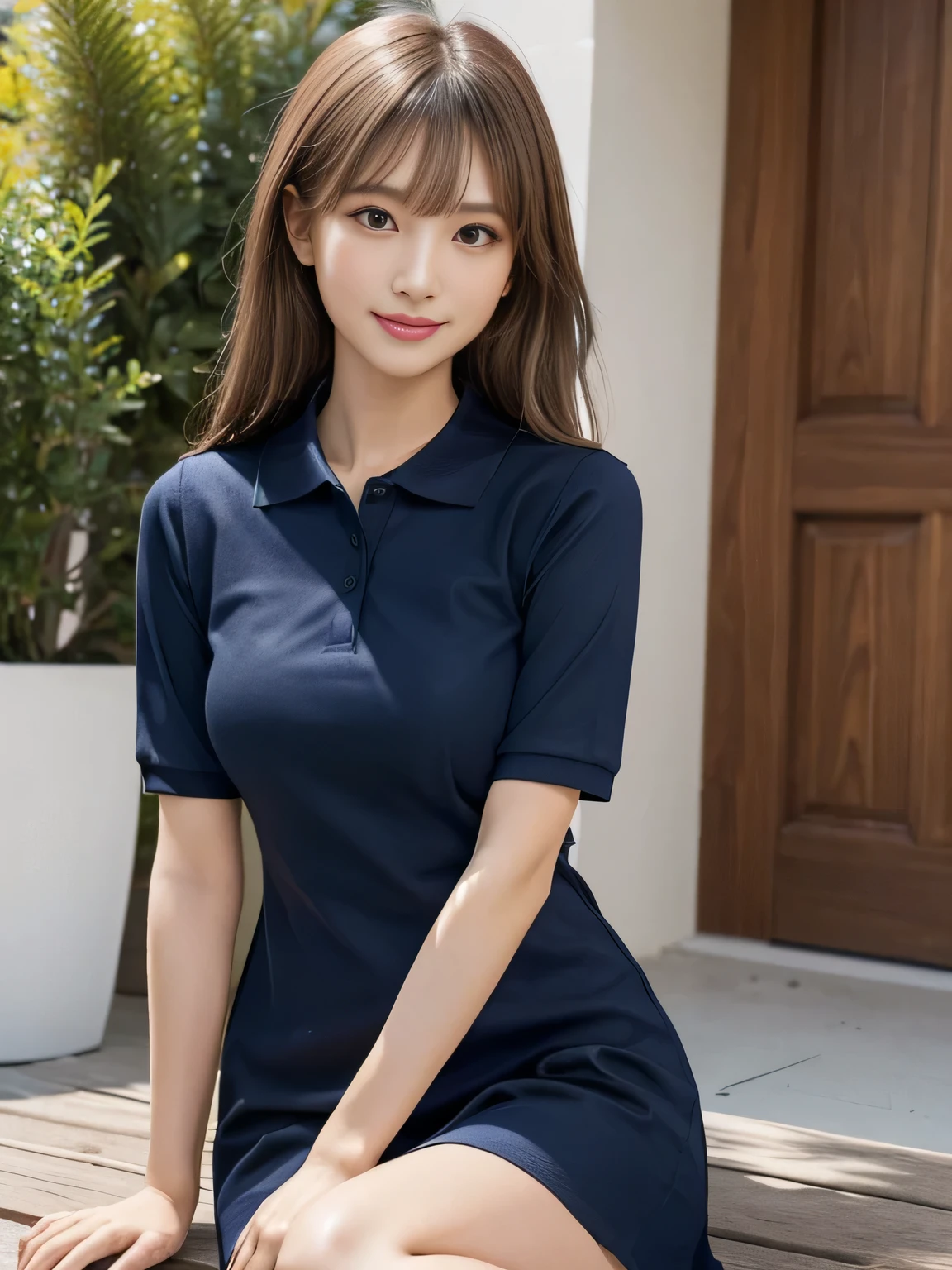 Best Quality, High Quality,Ultra Quality, 8k portrait , insanely detailed face,Japanese woman,30 years old,new employee ,enormous breasts ,side poneyTail, Polo Shirt Tight Dress,full body shot,Office Corridor