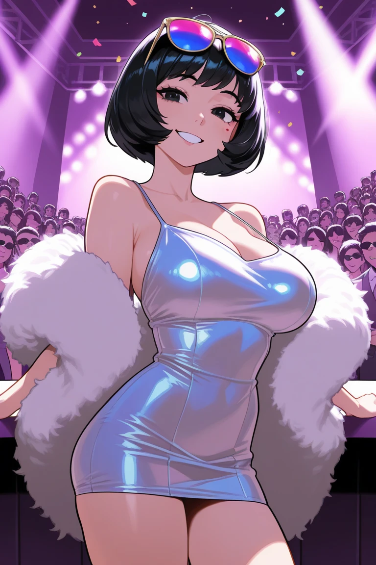 (masterpiece), best quality, expressive eyes, perfect face, front lighting, (inside dance party with light beams and crowd background), (dancing), (seductive look), (cleavage view), (1girl, milf, nico robin, latina, dark skin, short black hair with bangs, straight flat hairstyle, brown eyes, hourglass figure, thick body, curvy body, large breasts, huge breasts, oppai, large cleavage, wide hips, thick thighs), (light-purple v-neck strap dress, sleeveless, expossed cleavage, jewelry, necklace, bracelets, earrings),
