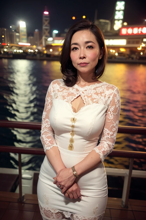 Beautiful and mature 55 year old Japanese woman, Married women, Aunt, Fine Lines, Long eyelashes, Glowing Eyes, Short Bob Haircut, (choker), (Deep Red Lipstick), elegant, Slim figure, Rosy Cheeks, Pearl Necklace, Earrings, Cute Smile, ((Summer clothes with floral pattern)), Beautiful body lines, Cleavage, Full Body Focus, Photographed on a ship, Browsing Caution