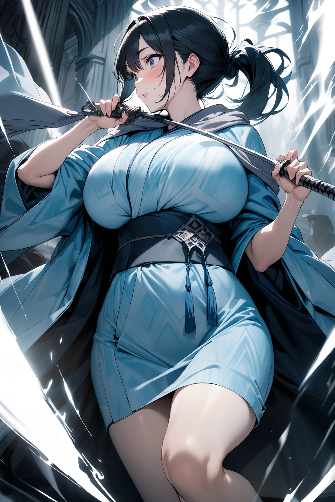 Weapon Spirit、It has depth、There is momentum、Full body cut、There is movement、Exciting Momentum、Powerful、Beast Woman、Wind expressed as a particle effect、Shiny、Japanese style、His hands are swords、Large Breasts、Lightly Armed