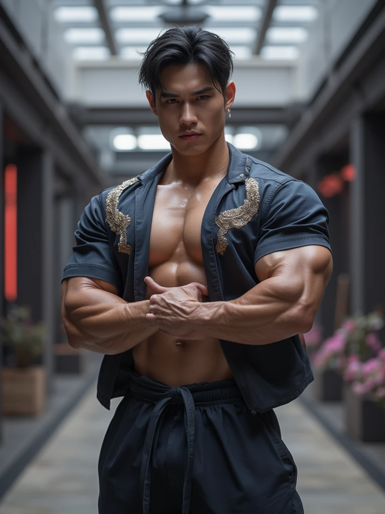 Korean men, Athlete physique, giggle, Muscle Man, Wearing sportswear,Muscular body, slim, No body hair,On the streets of the city center with skyscrapers in the background,Full body shot, tattooed arms, Thin body,Detailed body, Center