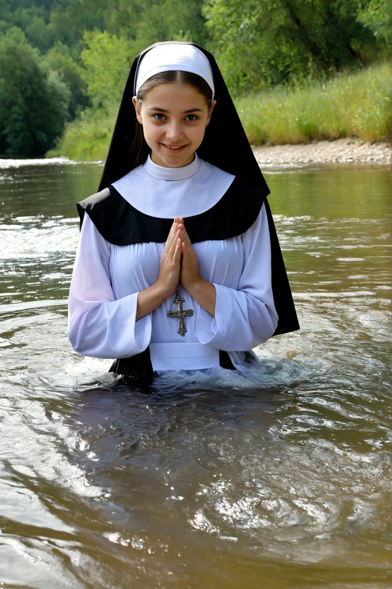 a 50s photo of a beautiful nun sitting in a (miniature) (vtnktnk:1.9) tank being used as a square hot tub, wheels, wide angle, vehicle focus, film, (grainy), perfect face, blurred background <lora:vtnktnk_SDXL_v1_32-000015:1.0>