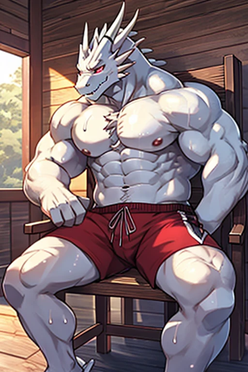 (best quality),Werewolf Boy,Brown and white fur,at home,individual,whole body,sit on the edge of the bed,upper body naked,Wear white shorts,Bad smile,(barefoot:1.3),Strong and big feet,(5 toes:1.3),A pair of black sandals at the feet,crotch bulge