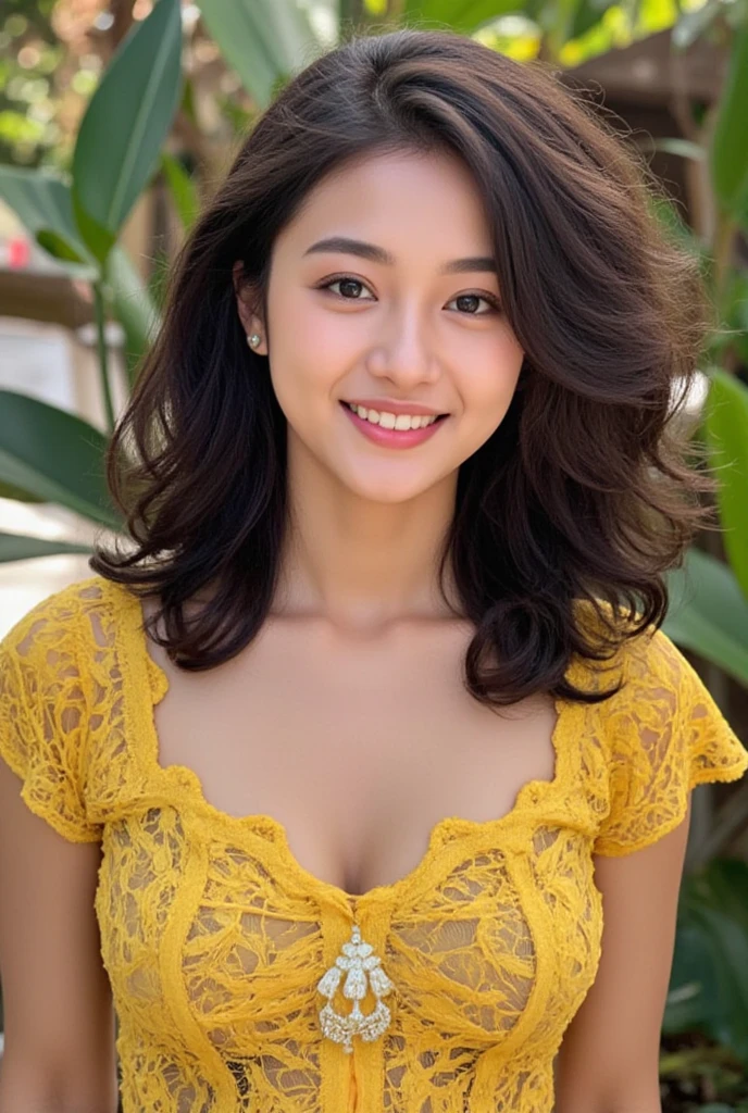 Malay girl wearing transparent burgundy color tight satin bra and panties portrait photography, mid shot photo, ultra detail, professional photograph with professional lighting, smile, at the garden, outdoor background, curly hair, sexy seducing pose, curvy body, exploded breast