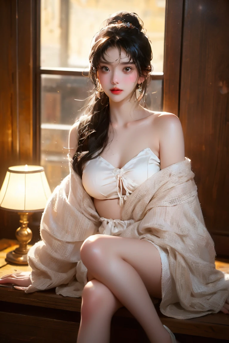 long sleeves, off shoulder bra navel layered skirt butterfly hair ornament ((1 girl, elegant sitting pose)), natural leg proportions, visible cleavage, masterpiece, ((Sexy long legs, very nice legs)), (best quality, 4k, 8k, highres, masterpiece:1.2), ultra-detailed, (realistic, photorealistic, photo-realistic:1.37), official art, CG, anatomically correct, random scene, random camera angle, cinematic, photographic, intricate background, soft lighting, subtle shadows, vibrant colors, expressive eyes, delicate features, high-fashion outfit, ambient atmosphere, candid moment, natural expression, detailed textures, fine details, refined elegance, sophisticated style, artistic composition, beautifully rendered.