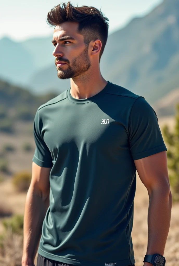 masterpiece (Man in hiking suit),(blue eyes) (Portrait) attractive and serious appearance, dark brown hair, Stylish and elegant, and a strong body T-shirt, A man similar to actor Jamie Dornan, (High-quality, realistic images), in gym, ((Best Quality, 8K, masterpiece). (very real)