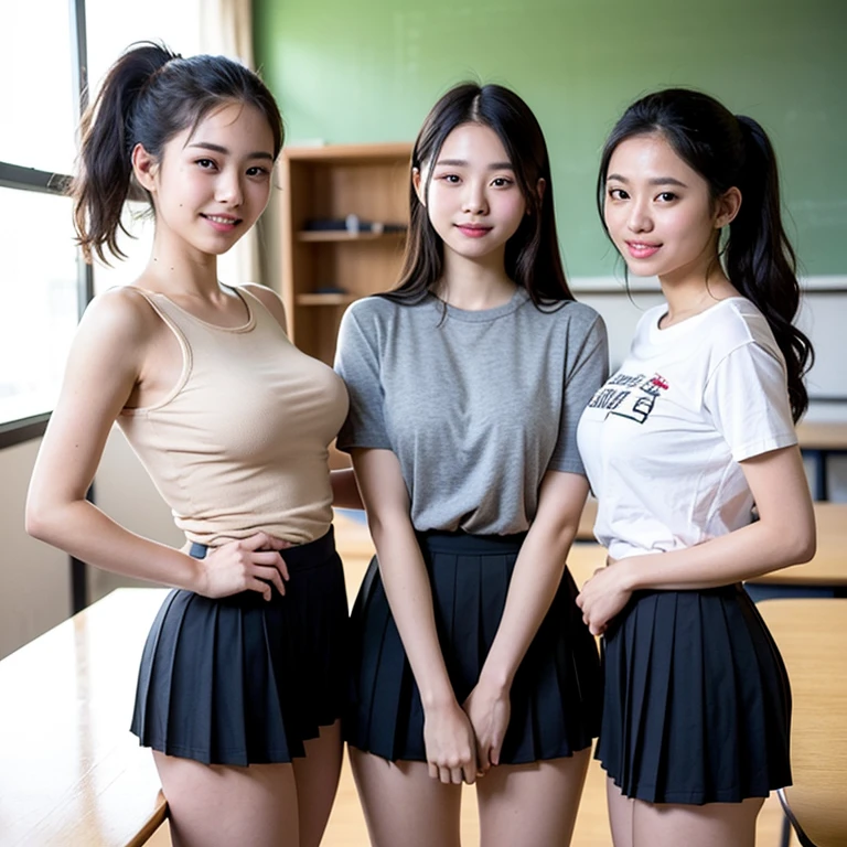 Masterpiece, Highest quality, 8k, 3 beautiful girls, young face、 ((big breasts)) photography, Cute face, thigh, classroom after school, Embarrassing、smile、No makeup, ten generations, detailed face, background bokeh、small waist、 thighสูง,Wear a jeans skirt. (Naked, perky breasts, bare breasts, nipples. (((round chest)))