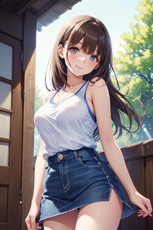 sexy young girl, long haired redhead with blue eyes, Short white off-the-shoulder shirt, bright blue short jean shorts, mirada happy, happy, short brown boots, with his gray-haired, blue-eyed little daughter