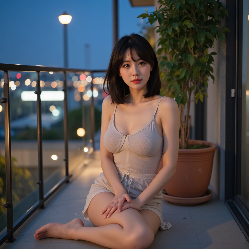 Girl with medium short black hair. At night on a balcony 