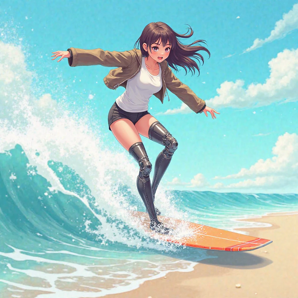 Huge waves,Splashing water.girl with high ponytail,Colorful highlighted hair, dark ash brown long hair,, highly detailed eyes,Surfer riding a wave,Control the skateboard with your body.Under the blue sky and white clouds,Waves rise and fall on the sea,Form beautiful curves .Surfers riding rough waves,Enjoy the excitement and (best quality,4K,8k,high resolution,masterpiece:1.2),Super detailed,(Practical,photoPractical,photo-Practical:1.37)