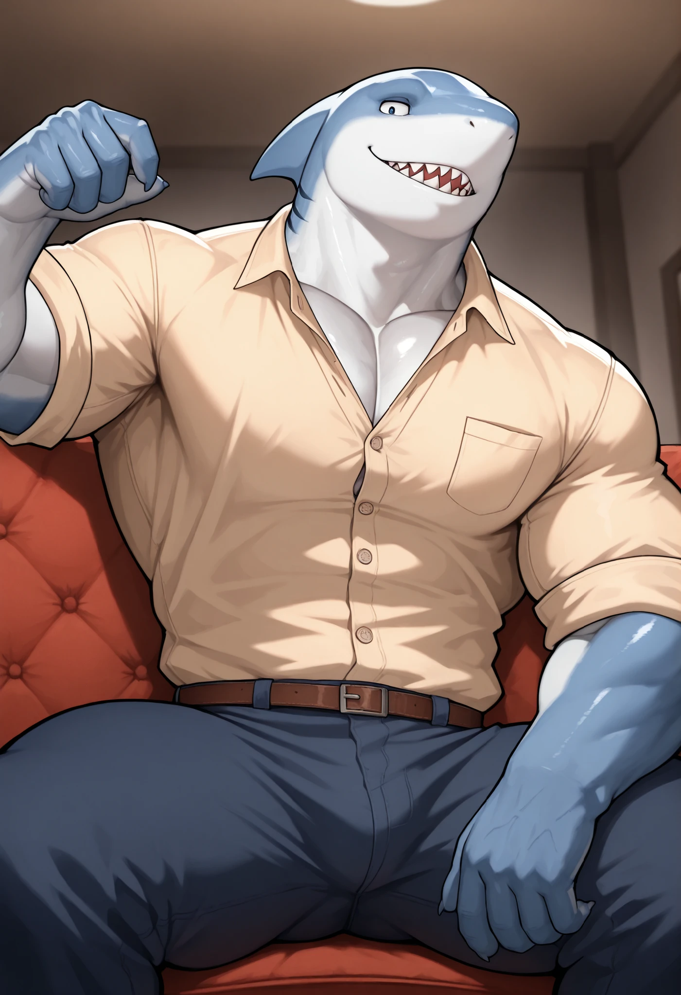 Anthro, shark, solo ,scalie, male, male, casual pose , looking at viewer, dominant, detailed face, bara, wearing beige button down shirt, sitting on couch
, 2024, 2023, 3z01d, masterpiece,best quality,amazing quality, close-up, low angle view ,
