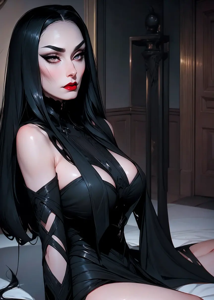 solo, (sophisticated dress:1.0), black dress ((masterpiece)),((high resolution)), ((best quality)), extremely fine and beautiful, super fine illustration, (realistic skin), (insanely detailed anime eyes), detailed face, vivid and beautiful, shocking sensation, incredibly detailed, beautiful detailed woman, supple breasts, front view, facing at viewer, black hair, (morticia addams), black eyes, (see-through:0.5), covered, ((black hair)), (very long hair), profile, sitting, plump breasts, plump thighs, wide hips, movie lighting, perfect shadow, realistic lighting shaded, red lips, (upper body), (big hips),