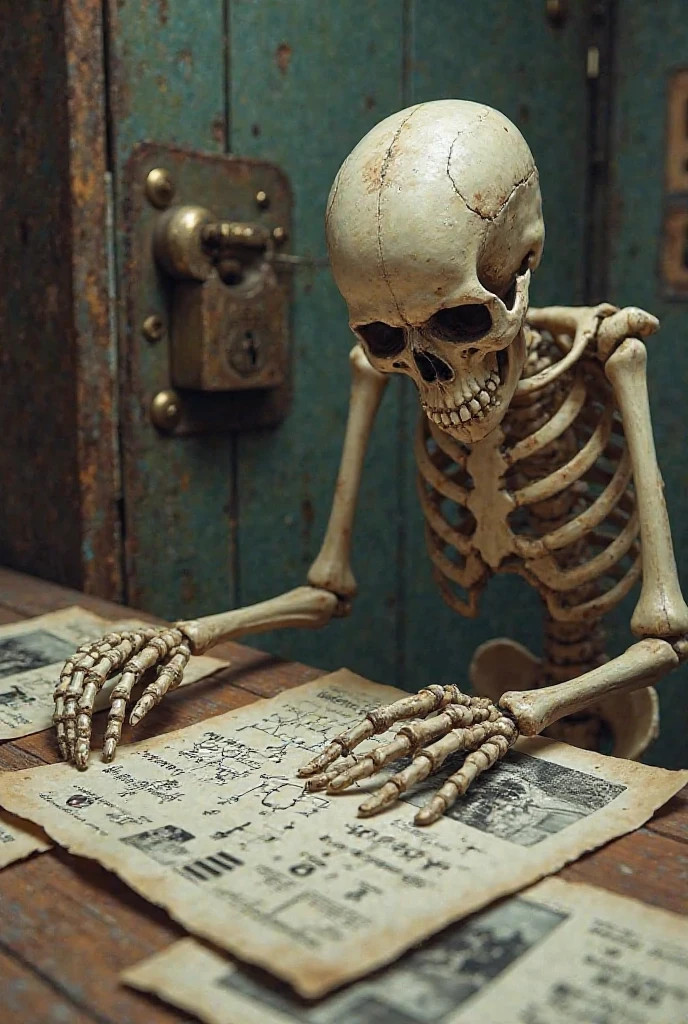 Hunchbacked skeleton writing on table sideways large crooked tooth