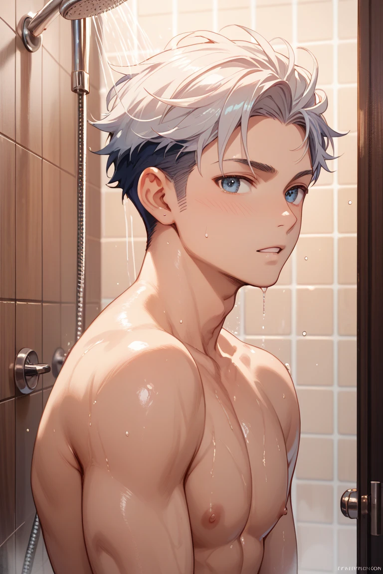 (absurdres, highres, ultra detailed), masterpiece, 15yo boy in towel around his waist, solo, handsome, short hair, white hair, killua ,blue eye, finely eye, detailed face, (forehead), topless, on bathtub, full body view, steam, from side, look at viewer, thick fog,  in japan style, home muji style