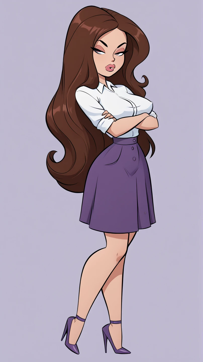1girl, solo, (Brown hair, waist length very very long straight hair: 1.15), bimbo, wearing a purple skirt suit, age 28, milf, voluptuous,, ( Masterpiece, 4k resolution, ultra-realistic, very detailed) thick fluffy brunette hair, curvy bodytype, seductive look, toned body heels, seducing look, arms crossed, attitude, large round breasts, simple background