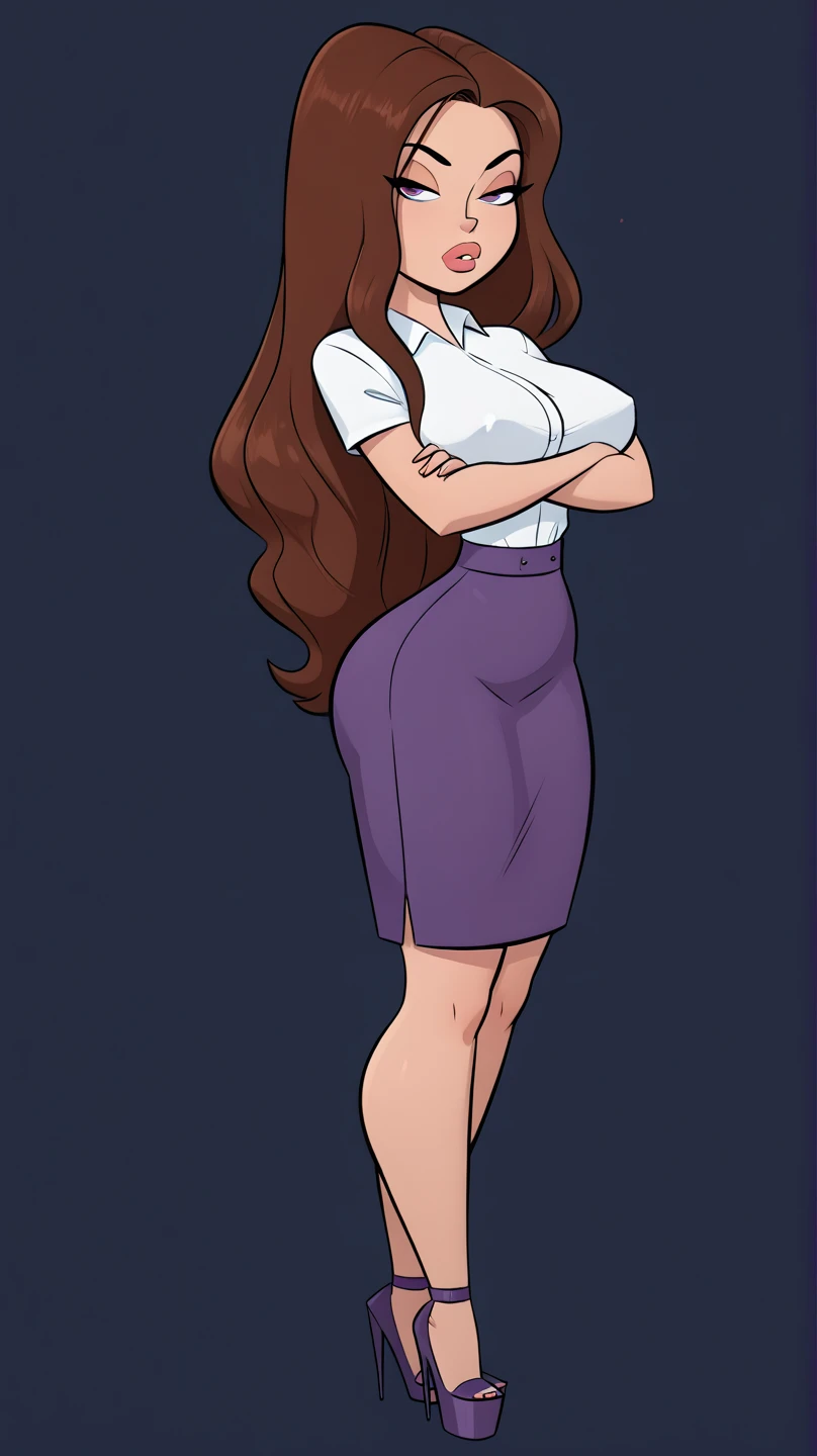 1girl, solo, (Brown hair, waist length very very long straight hair: 1.15), bimbo, wearing a purple skirt suit, age 28, milf, voluptuous,, ( Masterpiece, 4k resolution, ultra-realistic, very detailed) thick fluffy brunette hair, curvy bodytype, seductive look, toned body heels, seducing look, arms crossed, attitude, large round breasts, simple background