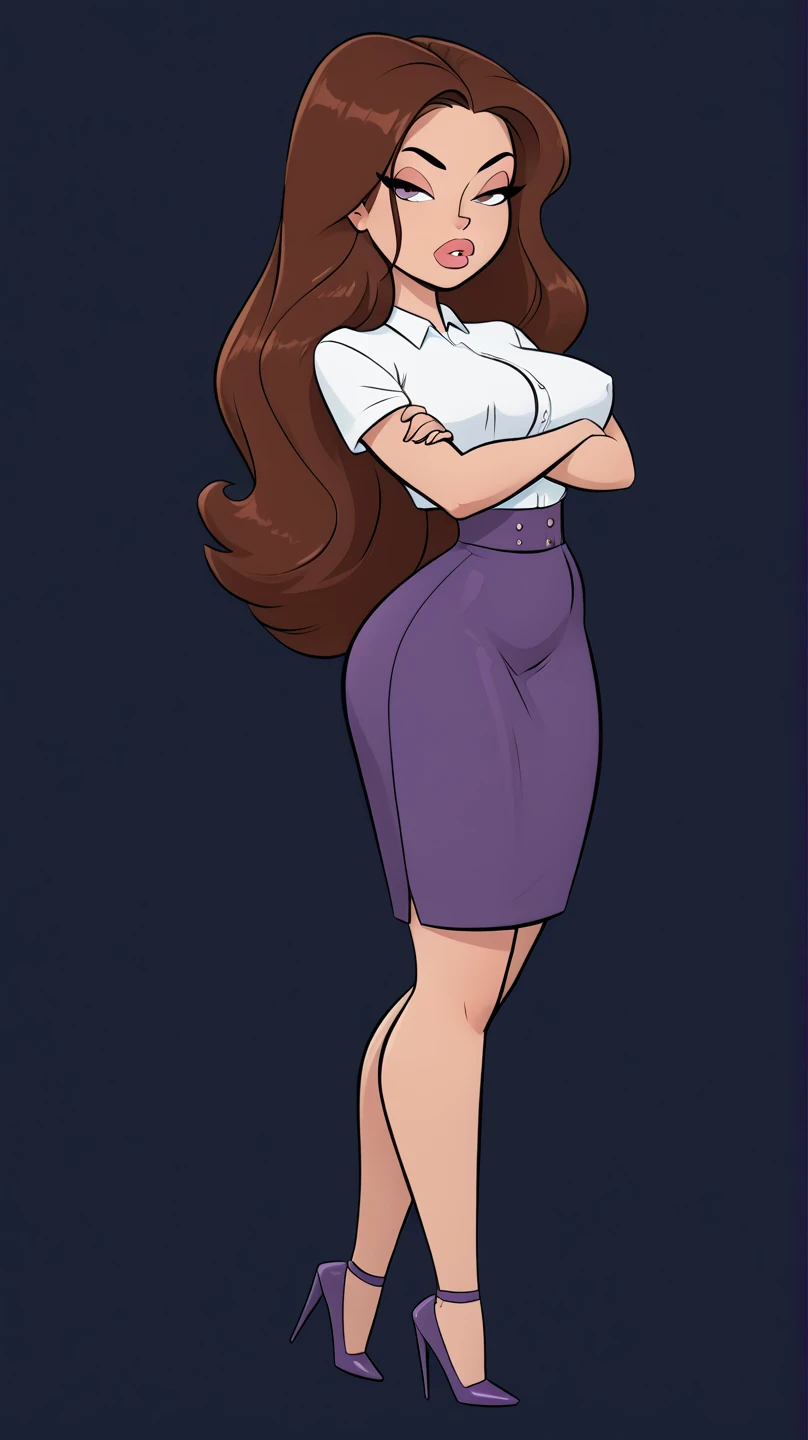 1girl, solo, (Brown hair, waist length very very long straight hair: 1.15), bimbo, wearing a purple skirt suit, age 28, milf, voluptuous,, ( Masterpiece, 4k resolution, ultra-realistic, very detailed) thick fluffy brunette hair, curvy bodytype, seductive look, toned body heels, seducing look, arms crossed, attitude, large round breasts, simple background