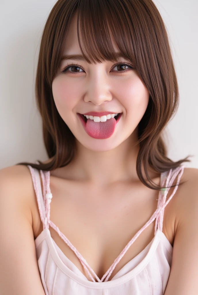 masterpiece、1 beautiful 55 year old mature woman、A detailed face、A detailed eye、Detailed skin、top-quality、japanes、Illuminated from the front with bright lighting、profetional lighting、The background is a little blurry、Medium hair、At the beach、outside of house、(Eat soft-serve ice cream)、Outfit: blouse and skirt、(put out the tongue),
