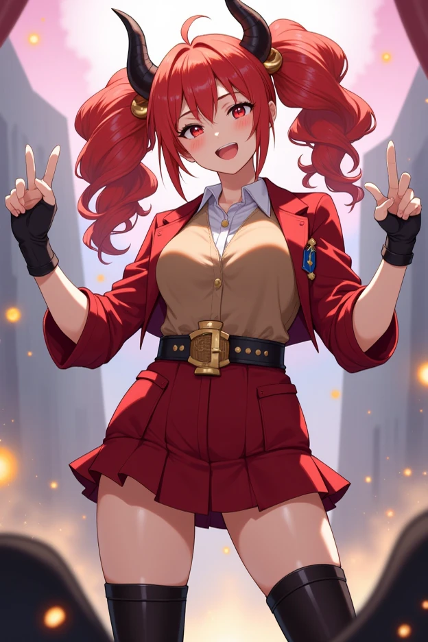 (high quality:1.2), intricate detailed, digital art, TakashiroHiroko, 1girl, mature female, solo, hand on hip, holding book, cowboy shot, looking at viewer, smile, blush, purple eyes, long hair, red hair, earrings, jewelry, teacher, blouse, bowtie, blazer, pencil skirt, thighhighs, curvy, large breasts, school, window, sky, sunlight, city, complex background, sunset,((beside, silhouette, red lipstick, side perspective))