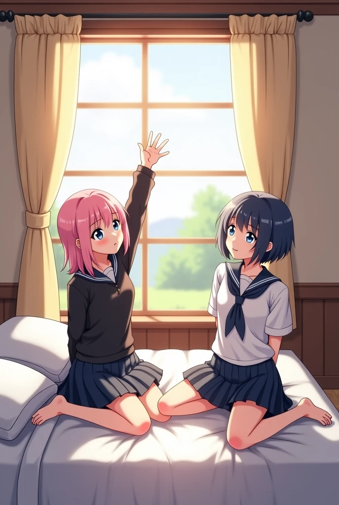 Absurd resolution, high resolution, (masterpiece: 1.4), super detailed, (((detailed face, detailed expression)), two girls, girl and girl, friends, best friends, classmates, relaxing, ponytail, bob, sitting on bed, sitting on the floor, two people conversing, background in room, friends, best friend, home, 1K, small room, curtains, bed, TV, desk, room wear, kyoto animation, The atmosphere of Kyoto Animation, (tearful)
