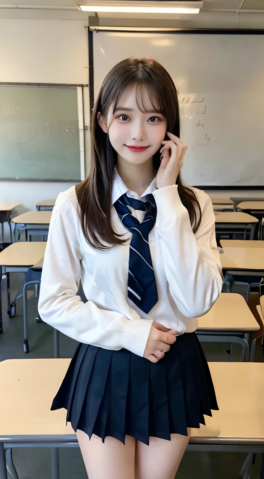 ( beautiful girl、cute face、 medium hair、 staring at the viewer :1.3)、of the highest quality,8K image、 full body、 It has reached the ground、happy、natural makeup、 moisturizing strip、white skin、( straight hair 、stand、full body、 strongly blurred white background 、Classroom、high school uniform、 long sleeve、black miniskirt、full body、Realistic Expressions :1.3),( Continue reading :1.tand、full body
