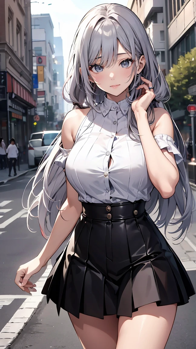 huge breast)),long hair,((silver hair,blue eyes)), daylight, sunlight, (perfect body : 1.0), collar, chain, full body shot, crowded street, wearing black tanktop, jeans jacket, ((shorts)),(masterpiece), (best quality:1.0), (ultra highres:1.0), beautiful lighting ,perfect lightning, realistic shadows, [highres], detailed skin, ultra-detailed,arms behind head, big breasts, anime style